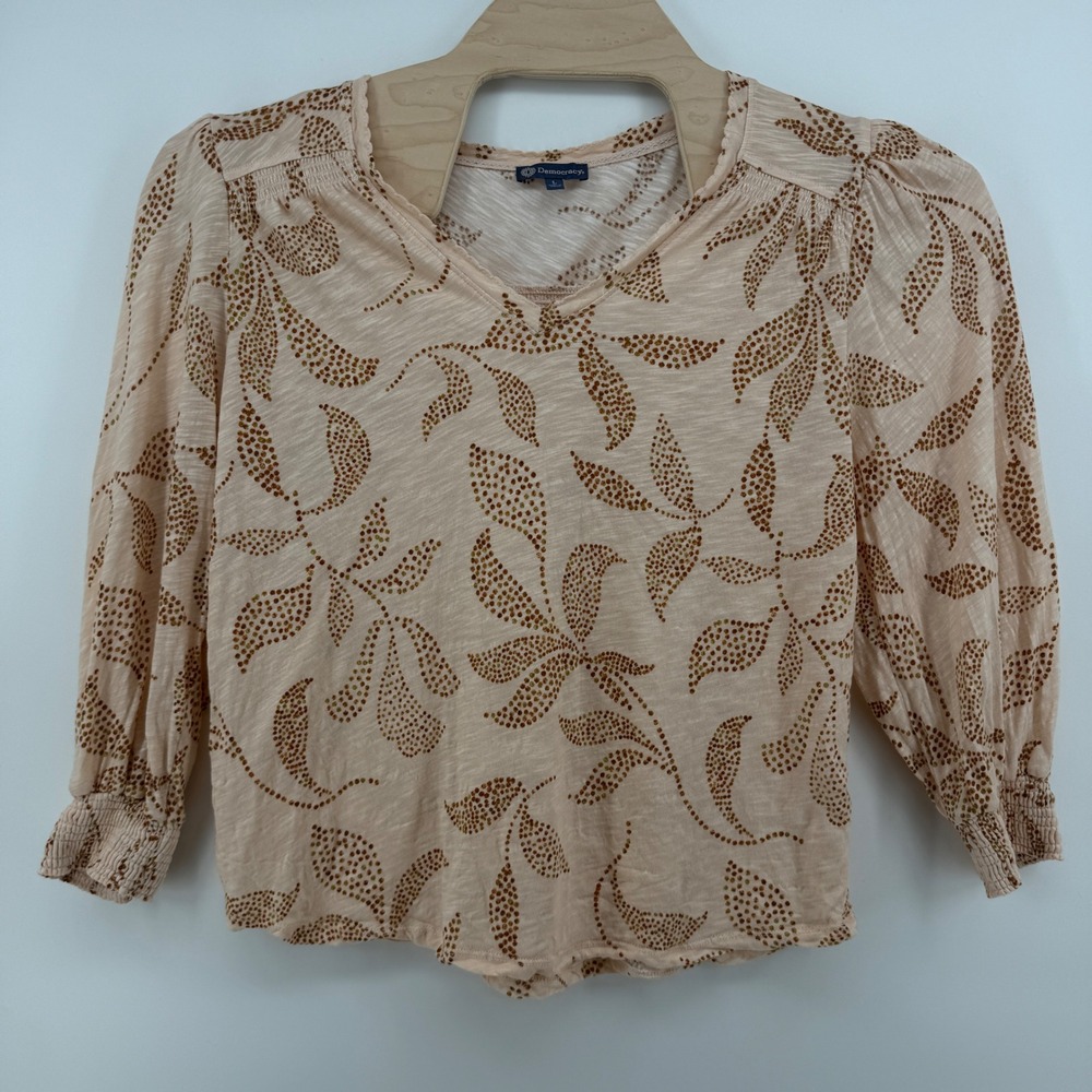 Democracy Womens Large Peach Dotted Leaf Print V-Neck 3/4 Sleeve Top